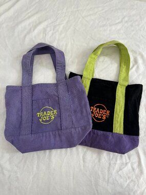 Trader Joes Mini Halloween Canvas Tote Bag 2 Piece Set PURPLE and MULTI-COLORED